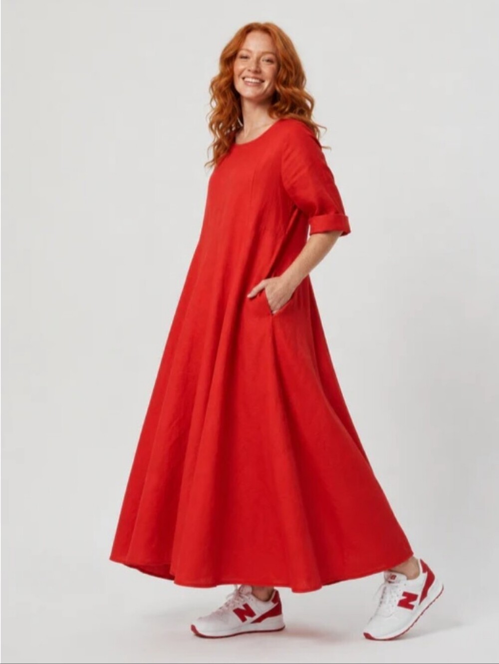Adeptt red 100% linen relaxed-fit maxi dress with short sleeves